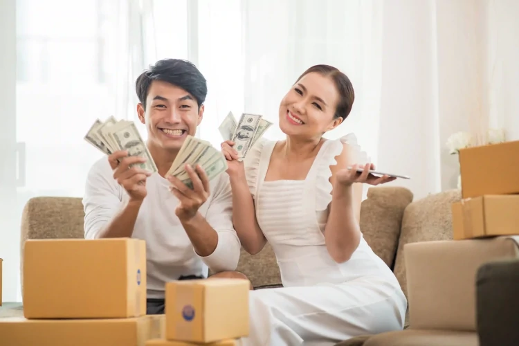 happy couple home office with online business marketing online freelance job 11zon scaled